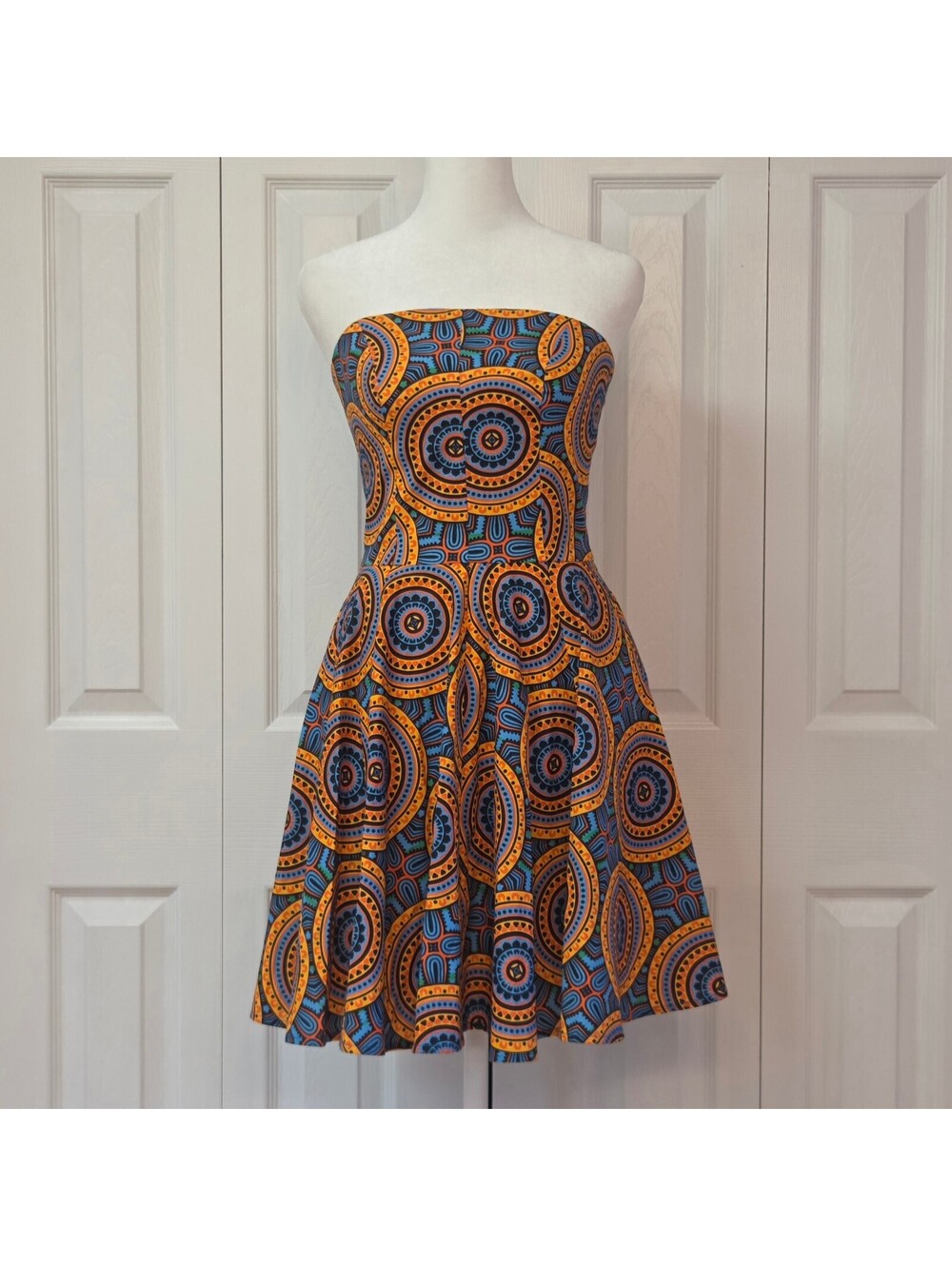Orange Blue African Geometric Print A-line Dress Mini Strapless Ethnic Size XXS